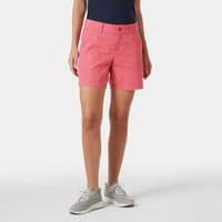 Red Helly Hansen women's shorts, knee-length, with front button and pockets, worn with a navy top and gray sneakers.