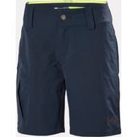 Navy Helly Hansen women's cargo shorts, quick-dry fabric, button closure, side pockets, and subtle logo on hem.