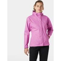 Pink Helly Hansen women's rain jacket, XS, with hood, front zipper, and adjustable cuffs.
