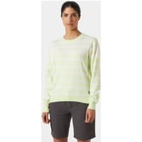 Green Helly Hansen women's sweater with subtle stripe pattern, long sleeves, and crew neck, worn by a model.