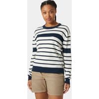 Navy and white striped Helly Hansen women's sweater with crew neck and ribbed cuffs.