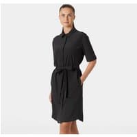 Black Helly Hansen Thalia shirt dress, short sleeves, button-up front, waist tie, collared neckline, women's size S.