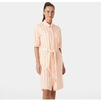 Orange Helly Hansen women's Thalia shirt dress, knee-length, with short sleeves, button-down front, and waist tie.