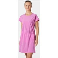 Pink Helly Hansen women's Thalia summer dress with short sleeves, cinched waist, and knee-length hem, size S.