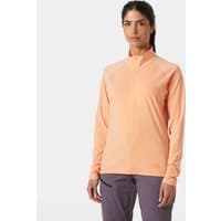 Orange Helly Hansen women's half-zip pullover with long sleeves and high collar, worn by a model.
