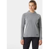 Grey Helly Hansen women's hoodie, long sleeves, lightweight fabric, subtle logo on hem, size M.