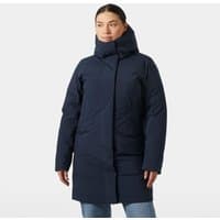 Navy Helly Hansen women's down coat, long length, with high collar and HELLY TECH® fabric, size XS.