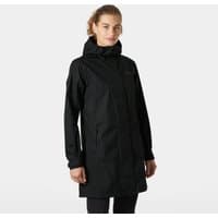Black Helly Hansen women's raincoat with hood, front zipper, and long sleeves, size small.