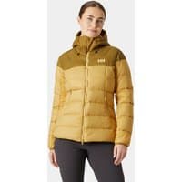 Brown Helly Hansen women's down jacket with hood, quilted design, and front zipper, size M.