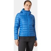 Blue Helly Hansen women's hooded down jacket with quilted pattern and front zipper, size M.