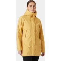 Beige Helly Hansen women's insulated mid rain jacket with hood, front zipper, and two side pockets.
