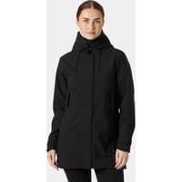 Black Helly Hansen women's mid rain jacket, insulated, with hood, front zipper, and adjustable cuffs, size XS.