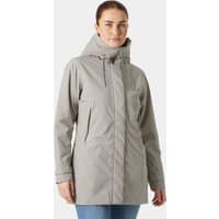 Grey Helly Hansen women's rain jacket, insulated, mid-length, with hood and front zipper, size XL.