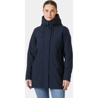 Navy Helly Hansen women's insulated mid rain jacket with hood, front zipper, and adjustable cuffs, size S.