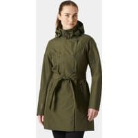Green Helly Hansen women's insulated trench coat with hood, waist belt, and zippered pockets, size M.
