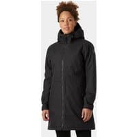 Black Helly Hansen women's insulated coat with hood, front zipper, and long sleeves, size M.