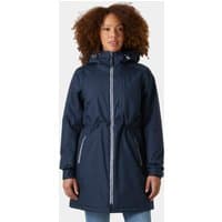 Navy Helly Hansen women's insulated coat with hood, front zipper, and adjustable waist, size small.