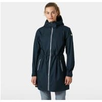 Navy Helly Hansen women's raincoat with hood, front zipper, and adjustable waist, size M.