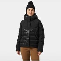 Black Helly Hansen women's down jacket with hood, glossy chevron pattern, and front zipper, size XL.