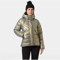 Brown Helly Hansen women's down jacket, quilted design, hooded, size XL, worn by model with black beanie.