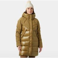 Brown Helly Hansen women's down parka with hood, quilted design, and front zipper, size M.