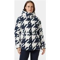 Navy and white patterned down jacket with hood, zip closure, and adjustable waist, Helly Hansen Women's Winter Bliss XL.