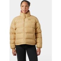 Brown Helly Hansen women's reversible puffer jacket, size L, with high collar and quilted design.