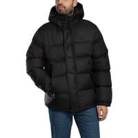 Black hooded tech padded jacket by Superdry, featuring quilted design, zip closure, and adjustable drawstring hood.