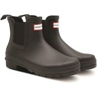 Black Hunter Original Chelsea boots, ankle-high with elastic side panels and pull tabs, UK size 7.