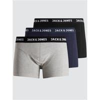 Jack & Jones 3-pack trunks in black, blue, and grey, featuring a branded waistband, size M.