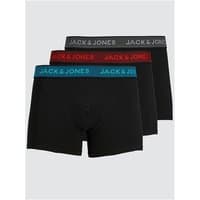 3-pack Jack & Jones trunks in black with grey, red, and blue waistbands, featuring brand logo, size 2XL.