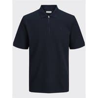 Navy Jack & Jones polo shirt with zip collar, short sleeves, and subtle logo on chest.