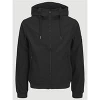 Black Jack & Jones softshell hooded jacket, medium size, with front zipper, drawstring hood, and side pockets.