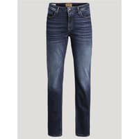 Blue Jack & Jones regular fit jeans with subtle fading, classic five-pocket design, and button closure.