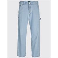 Blue denim Jack & Jones Eddie Carpenter loose jeans with straight leg, side pockets, and hammer loop, size 28S.