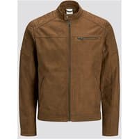Brown Jack & Jones faux suede jacket, cognac color, XL, with front zipper, stand collar, and chest pocket.