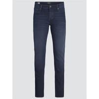 Blue denim slim fit jeans with five-pocket design and button closure, featuring subtle fading and a 36L inseam.