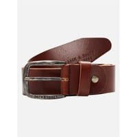 Brown Jack & Jones leather belt with silver buckle and embossed logo.