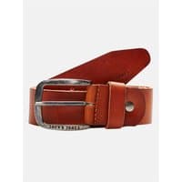 Tan Jack & Jones leather belt, XL, with silver buckle and embossed logo.