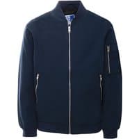 Navy Jack & Jones Junior Rush bomber jacket, ribbed collar, silver zipper, two front pockets, sleeve pocket, size 8Y.