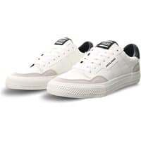 White Jack & Jones faux leather sneakers with logo, lace-up design, and black accents, size 42.
