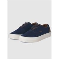 Navy canvas sneakers with white rubber sole, brown accents, and lace-up design, size 43.