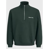 Forest green Jack & Jones Norrebro zip sweat with high collar, embroidered logo, and ribbed cuffs.