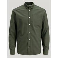 Forest green Jack & Jones Oxford shirt, button-down collar, chest pocket, long sleeves, size 2XL.