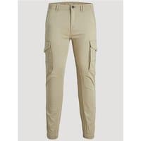 Crockery-colored Jack & Jones cargo trousers with side pockets, button closure, and tapered legs.