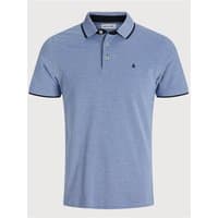 Bright cobalt Jack & Jones Paulos polo shirt, short sleeves, buttoned collar, subtle logo on chest, size L.