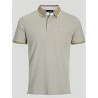 Beige Jack & Jones Paulos Polo with brown collar and sleeve trim, small chest logo, size S.