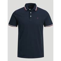Navy Jack & Jones polo shirt with white and red striped collar and sleeves, button placket, small chest logo.