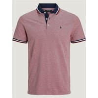 Red Jack & Jones polo shirt, navy collar, white trim, button placket, short sleeves, size XL.