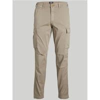 Beige Jack & Jones regular fit cargo trousers with side pockets and belt loops, size 28S.